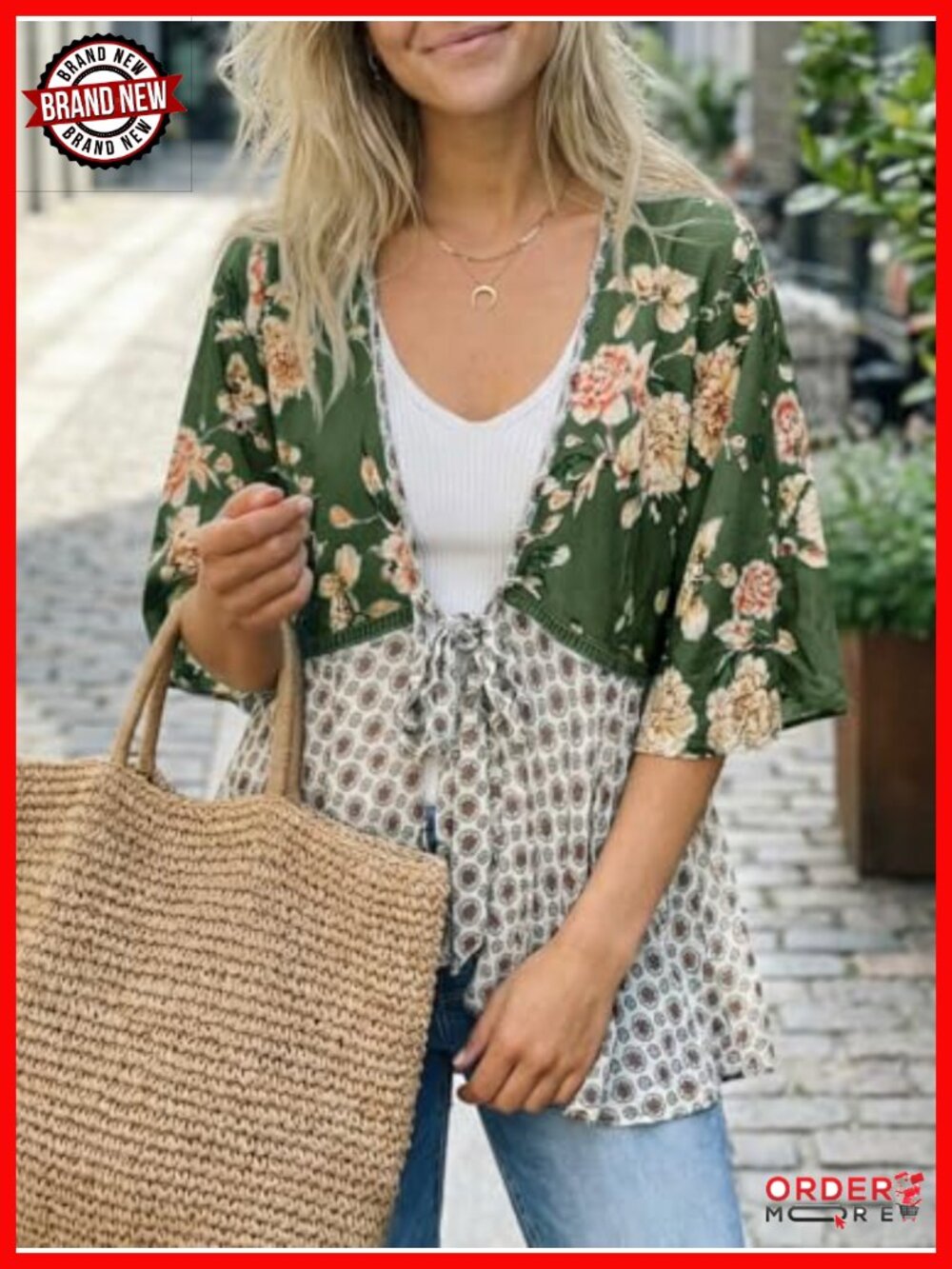 Tie Front Kimono Cardigan Floral Lightweight Ruffle 3/4 Sleeve Boho Beach Cover - Picture 3 of 6